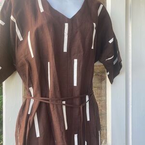 Lisa Bayne 100% Linen Dress White Stripe Accent Waist Tie Small NWT